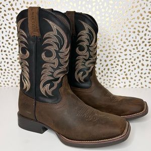 Justin Brown Black Embroidered Square Toe Cowboy Boots